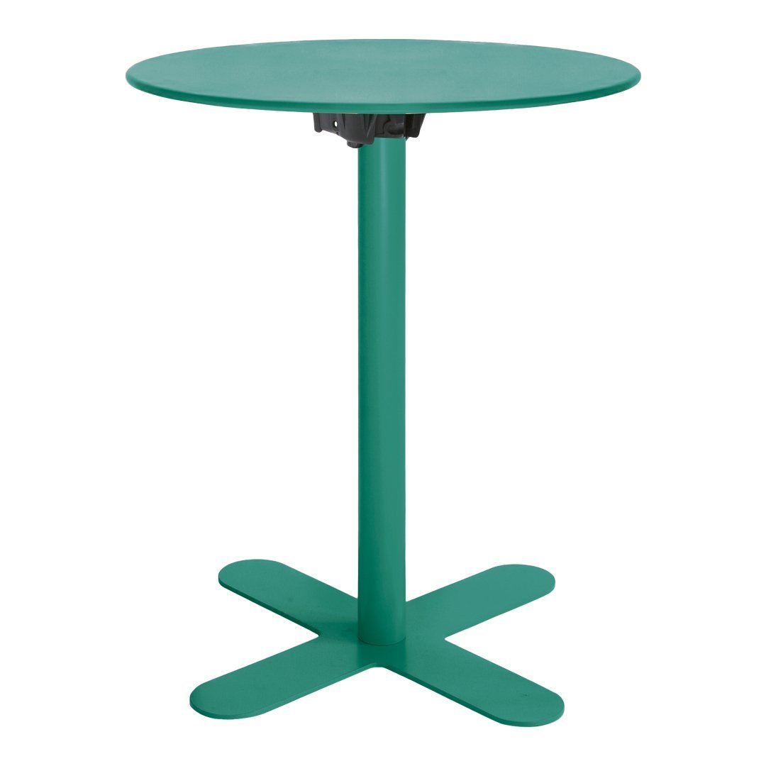 Green round table with a sleek design and a sturdy cross-shaped base, perfect for modern spaces.