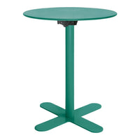Green round table with a sleek design and a sturdy cross-shaped base, perfect for modern spaces.