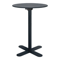 Black round table with a sleek, minimalistic design and a sturdy four-legged base, perfect for modern decor.