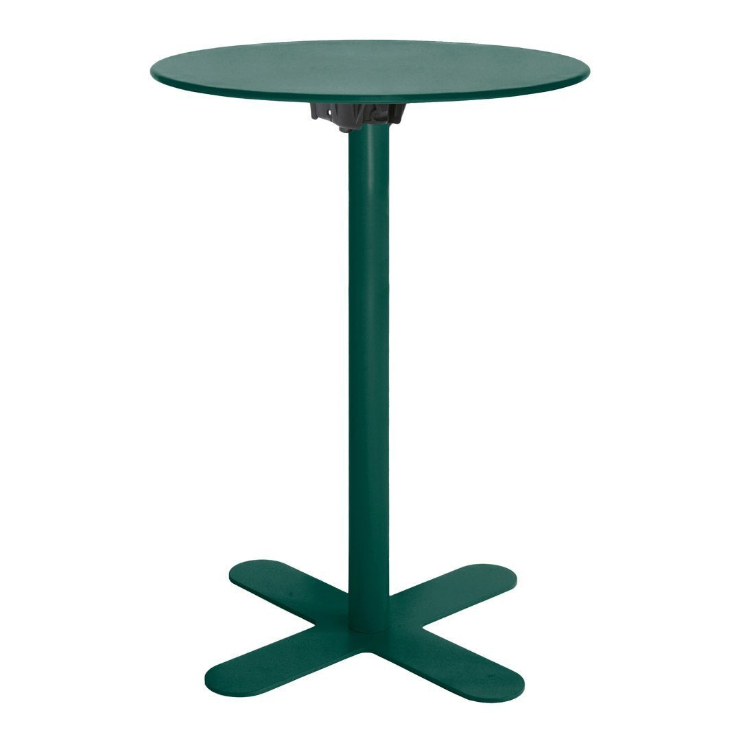 Green round bar table with a sleek, solid surface and minimalistic cross base design. Perfect for outdoor settings.