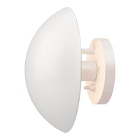 Sleek white wall sconce with a soft pink mount, featuring a modern half-dome design for a contemporary aesthetic.