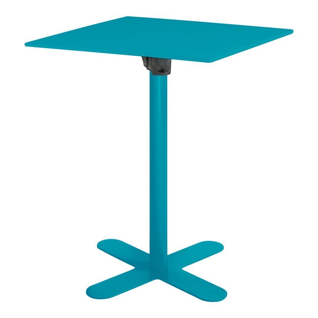 Bright turquoise square table with a sleek design and a stable crossbase, perfect for modern decor.