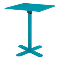 Bright turquoise square table with a sleek design and a stable crossbase, perfect for modern decor.