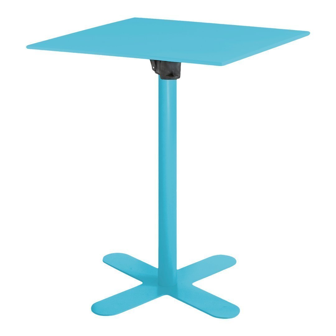 Bright turquoise square table with a sleek, minimalist design and a sturdy base. Ideal for modern decor.