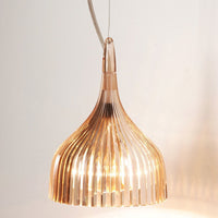 Gold striped pendant lamp with a sleek, modern design, casting a warm glow for stylish ambiance.