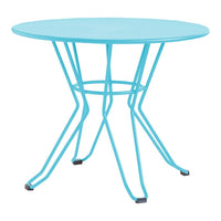 Round teal metal table with a sleek, modern design and intricate wire legs, perfect for outdoor or indoor use.