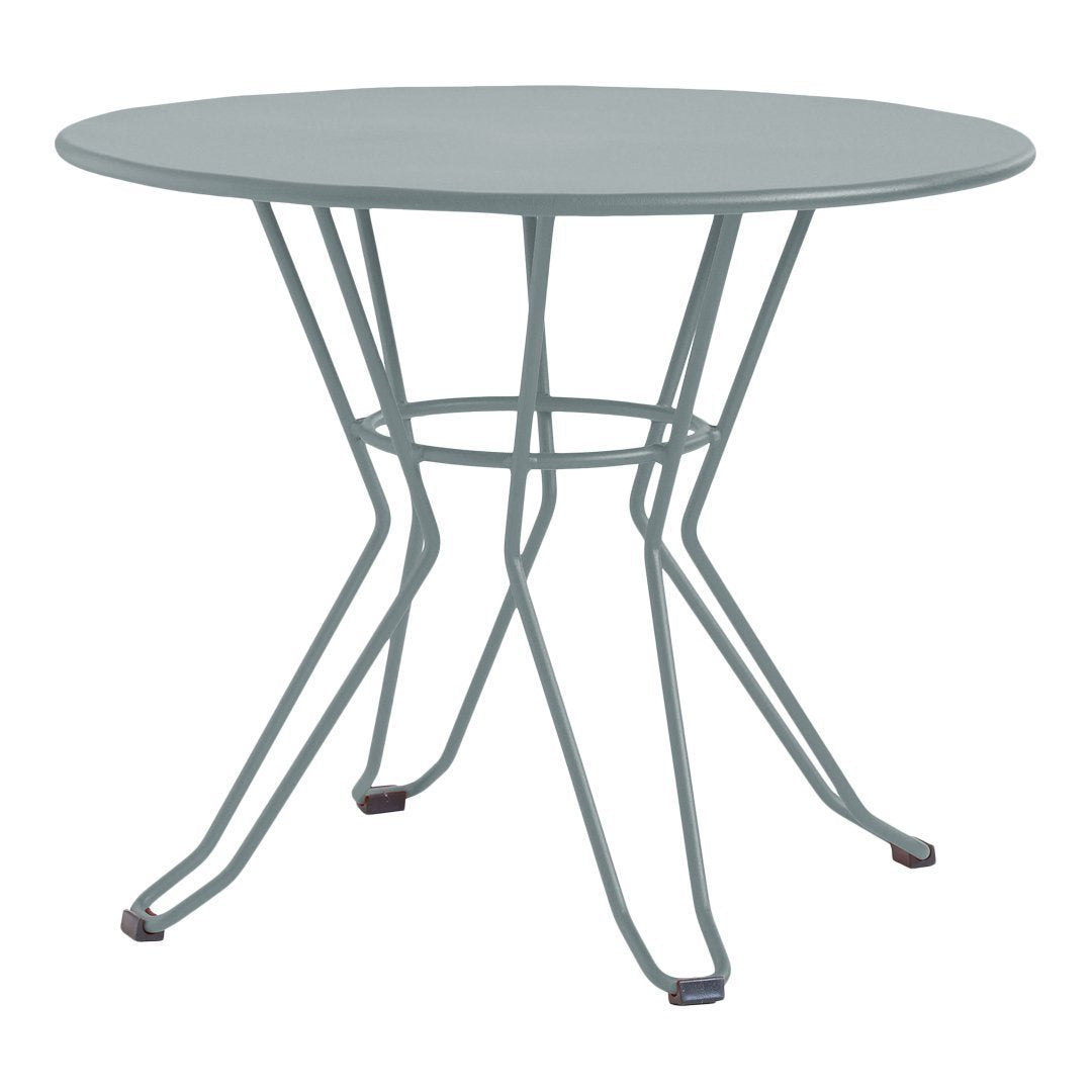 Round light blue table with a sleek wire base, perfect for modern outdoor or indoor décor.