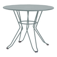 Round light blue table with a sleek wire base, perfect for modern outdoor or indoor décor.