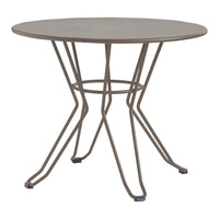 Round table in muted grey with a sleek, minimalist design and geometric wire base. Ideal for modern decor.