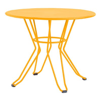 Bright yellow round table with stylish wire legs, perfect for adding a pop of color to any space.