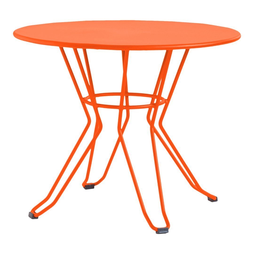 Bright orange round table with a sleek, modern wire frame design, perfect for outdoor settings.