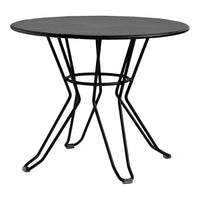 "Round black tabletop with sleek black metal legs, featuring a minimalist and modern design."
