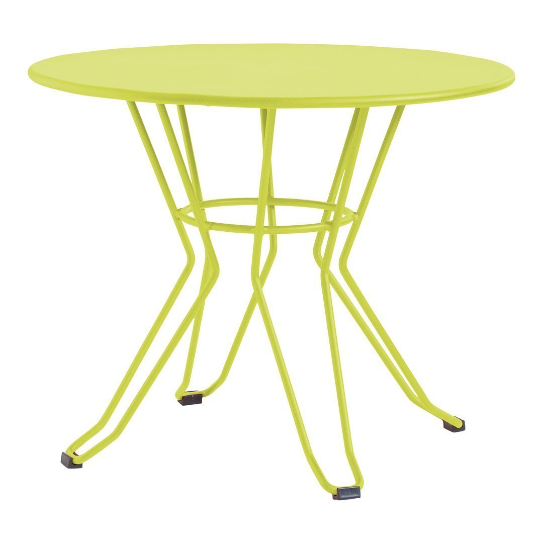 Vibrant lime green round table with sleek wire legs, perfect for modern outdoor or indoor settings.