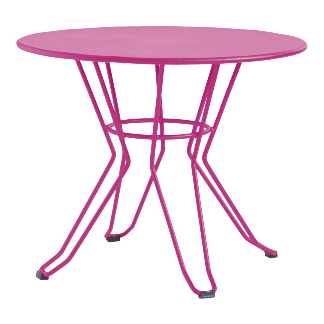 Bright pink round table with a modern geometric wireframe design, perfect for adding a pop of color to any space.