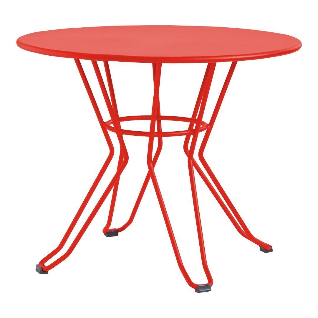 Red round table with a sleek metal design and geometric wire legs, perfect for modern decor.