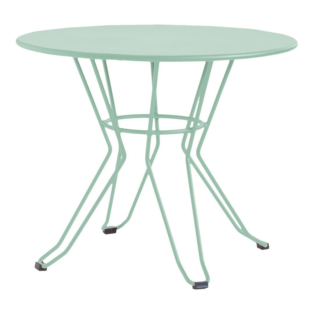 Mint green round table with a sleek, minimalist design and modern wireframe legs. Perfect for indoor or outdoor use.
