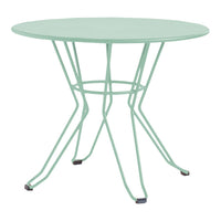 Mint green round table with a sleek, minimalist design and modern wireframe legs. Perfect for indoor or outdoor use.