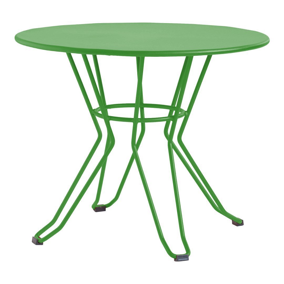 Round green metal table with a sleek design and unique wire legs, perfect for modern outdoor spaces.