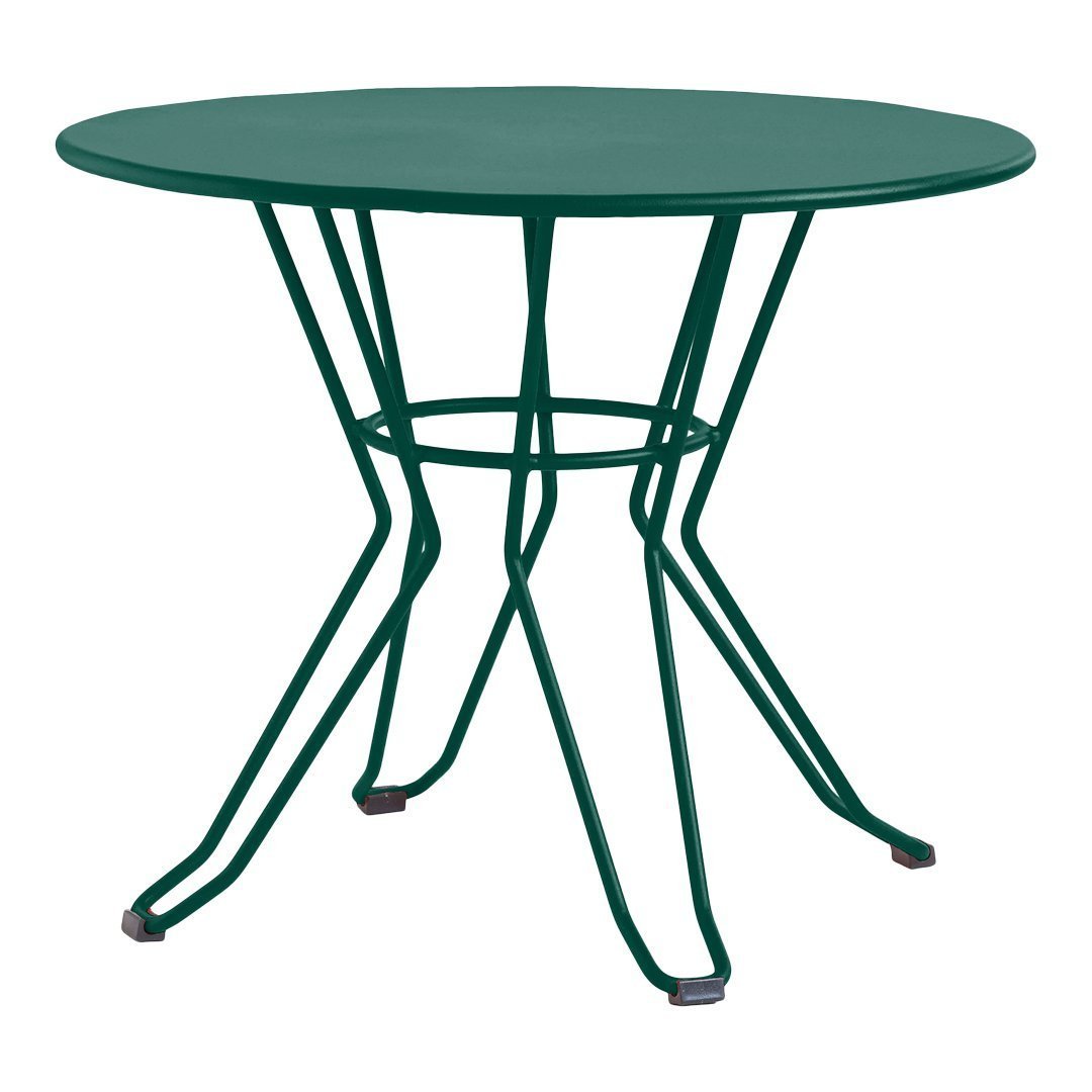 Green round metal table with sleek wire legs and minimalist design, perfect for modern outdoor or indoor decor.