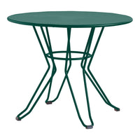 Green round metal table with sleek wire legs and minimalist design, perfect for modern outdoor or indoor decor.