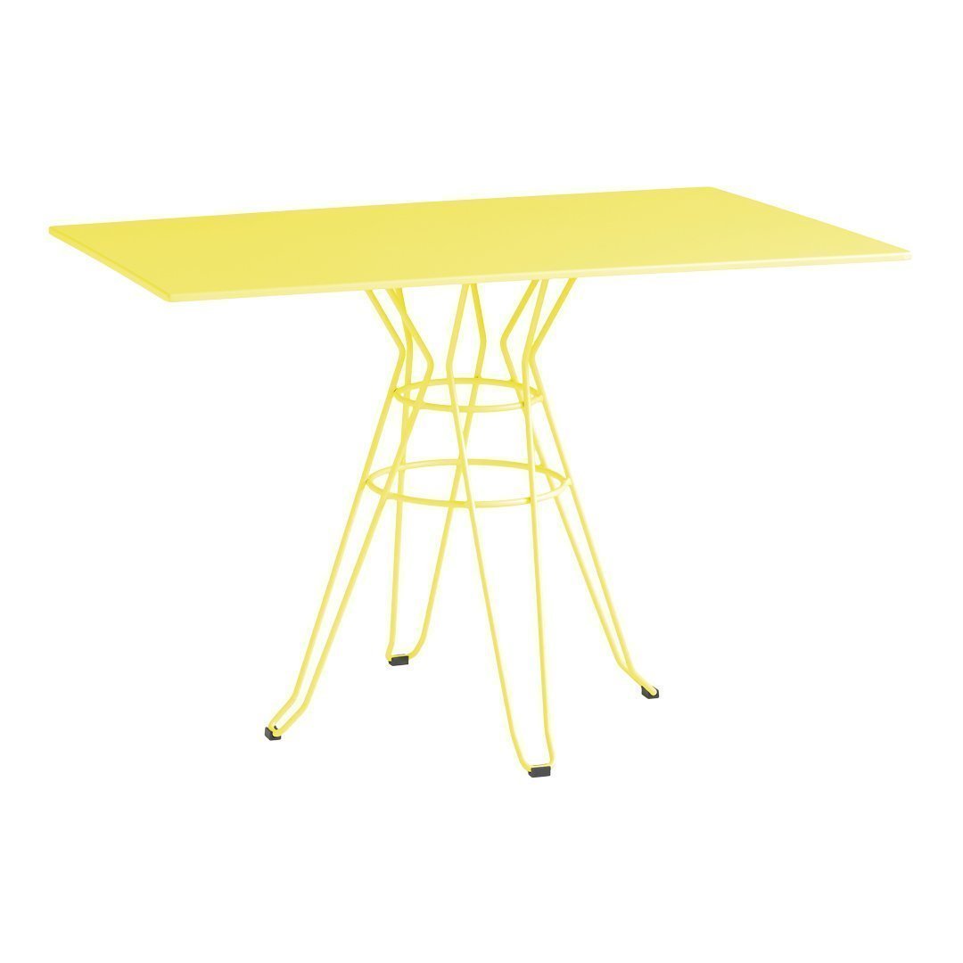 Bright yellow rectangular table with a geometric wire base, perfect for adding a pop of color to any space.