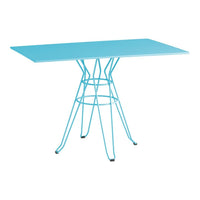 Blue rectangular table with a sleek, minimalist design and a wire base, featuring a vibrant aqua color.