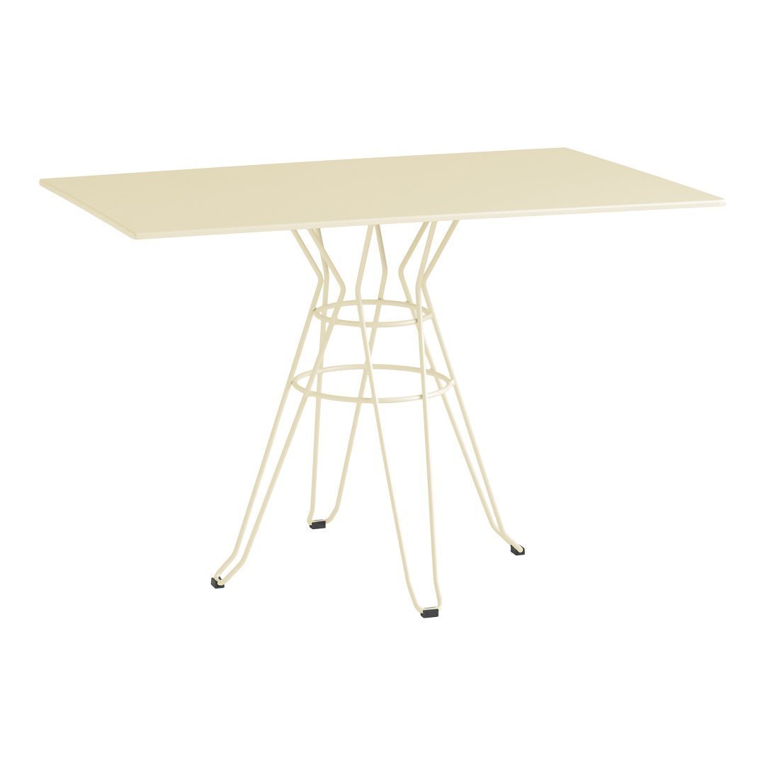 Cream-colored rectangular table with a minimalist wire base, featuring a sleek, modern design.