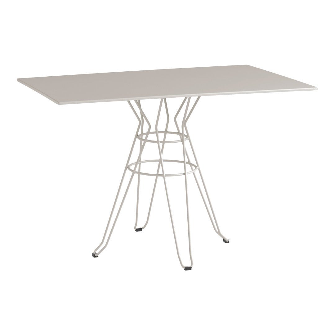 Light gray rectangular tabletop with a white wire base, minimalistic design for modern decor.