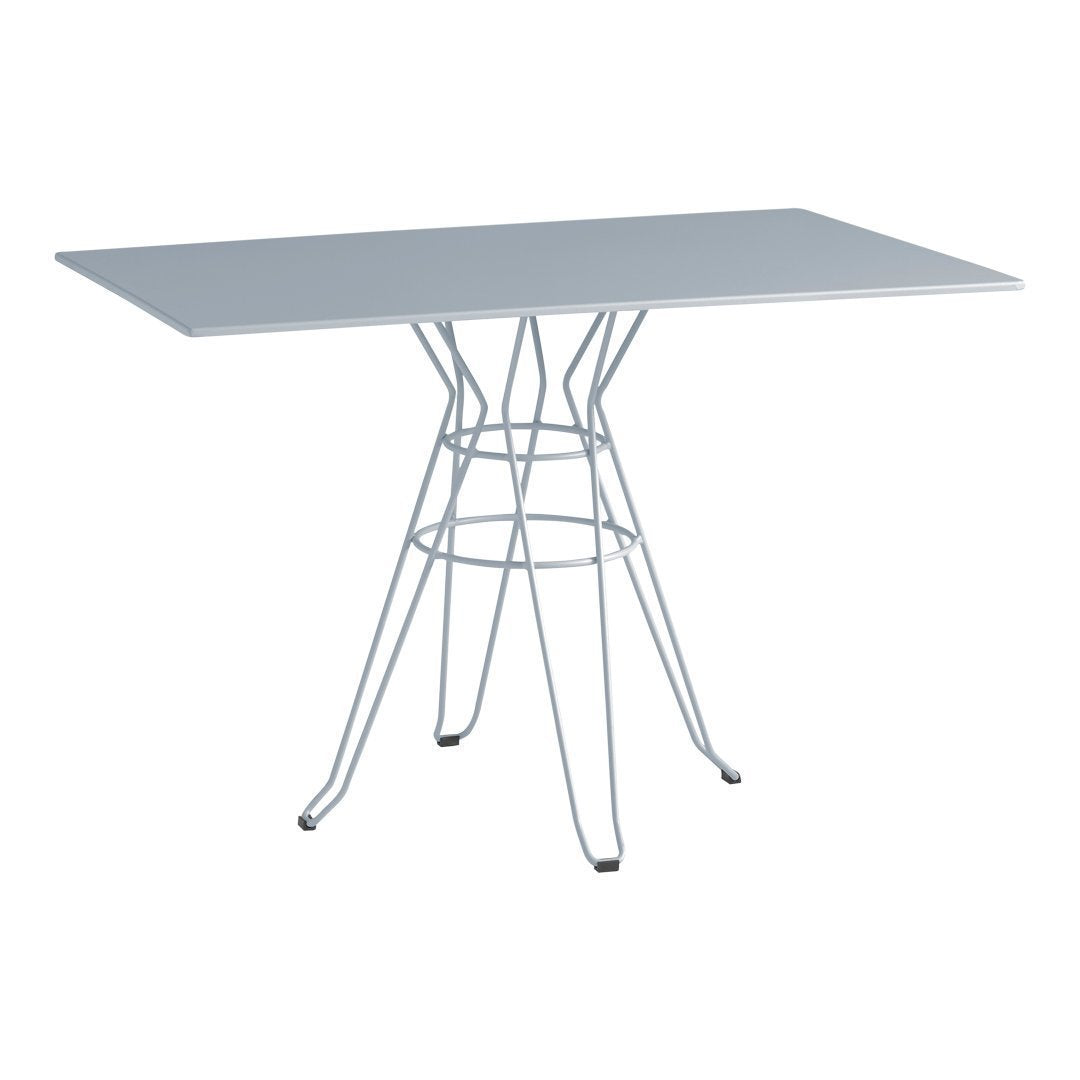 Modern white rectangular table with a sleek wire base, featuring a minimalist design and clean lines.