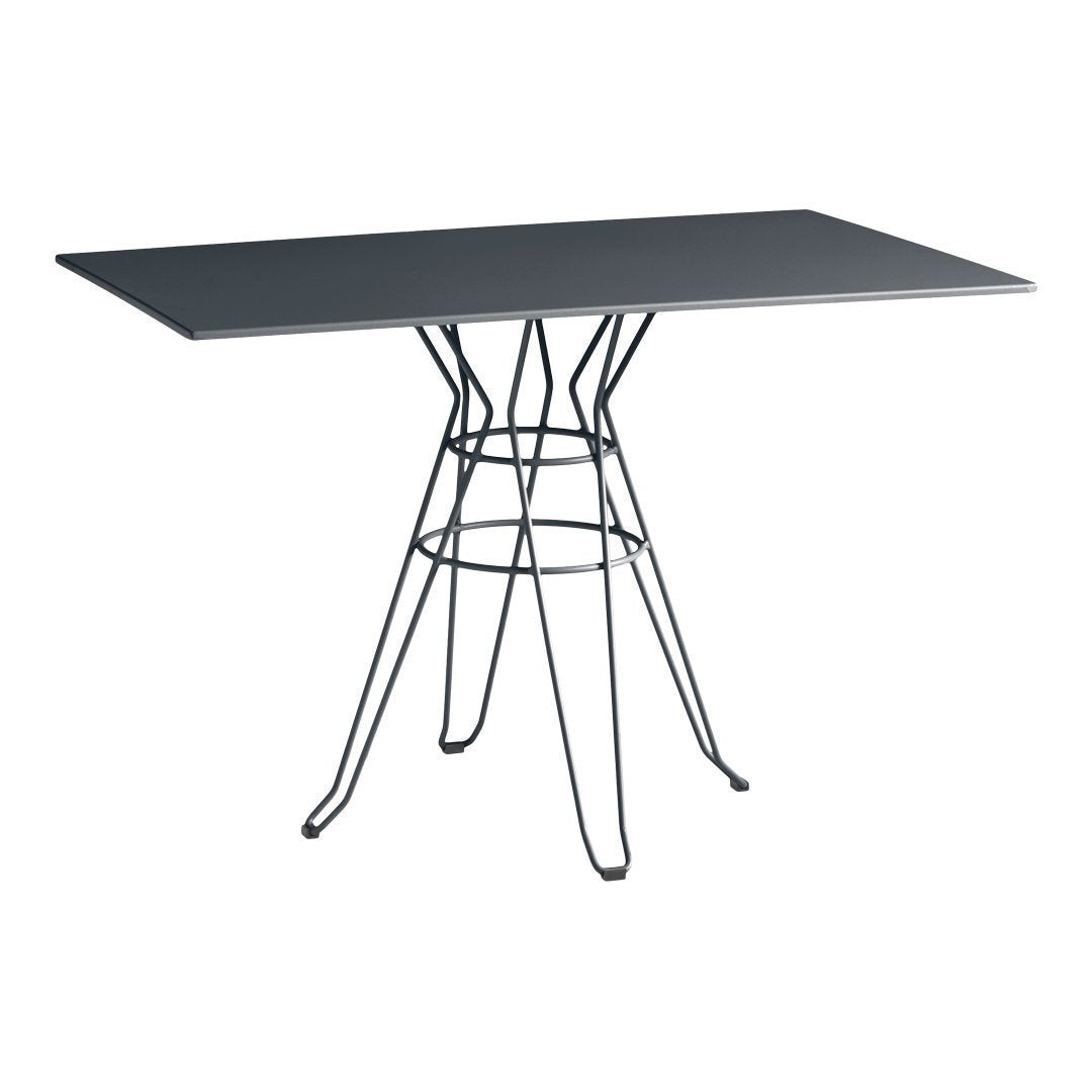Sleek black rectangular table with a minimalist wire base, showcasing a modern design aesthetic.