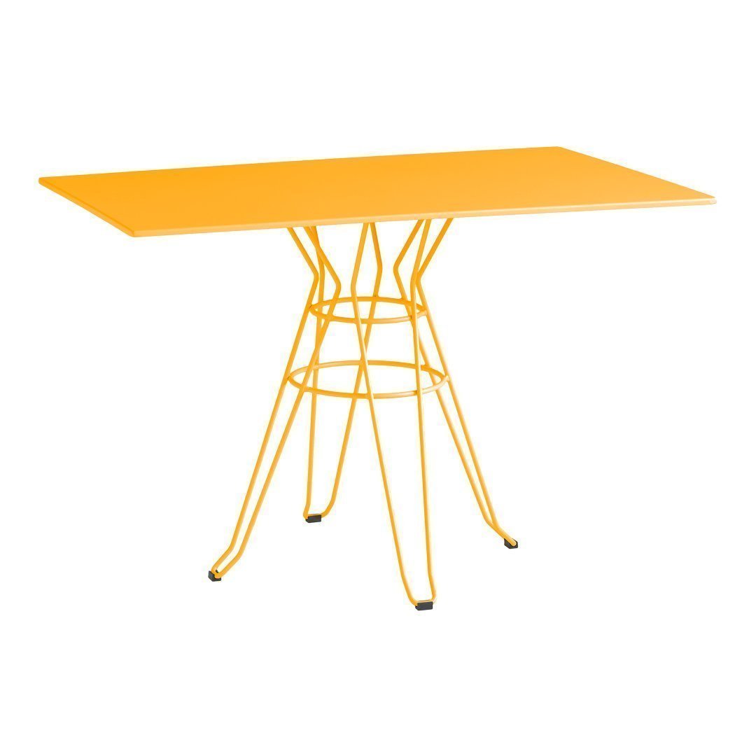 Bright yellow table with a sleek geometric pattern and metal wire legs for a modern touch. Perfect for any space.