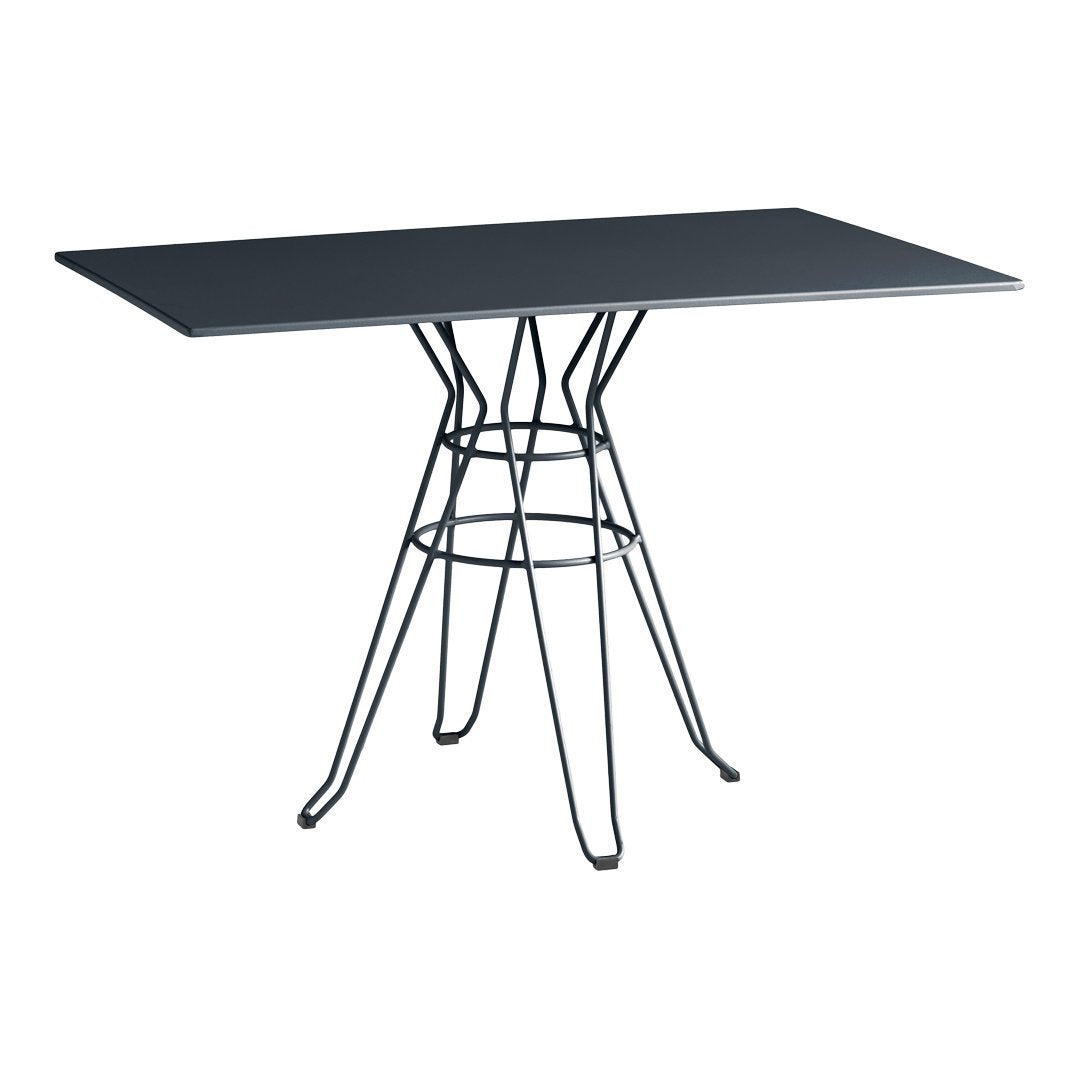 Black rectangular table with a sleek, minimalist design and a stylish wire base, perfect for modern decor.
