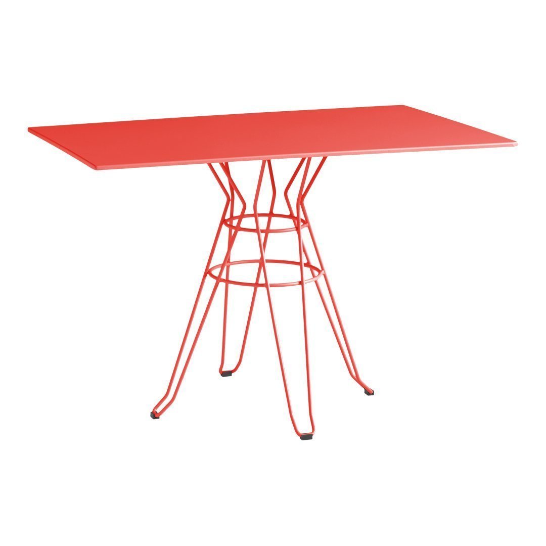 Bright red rectangular table with a stylish wire base, perfect for modern decor.