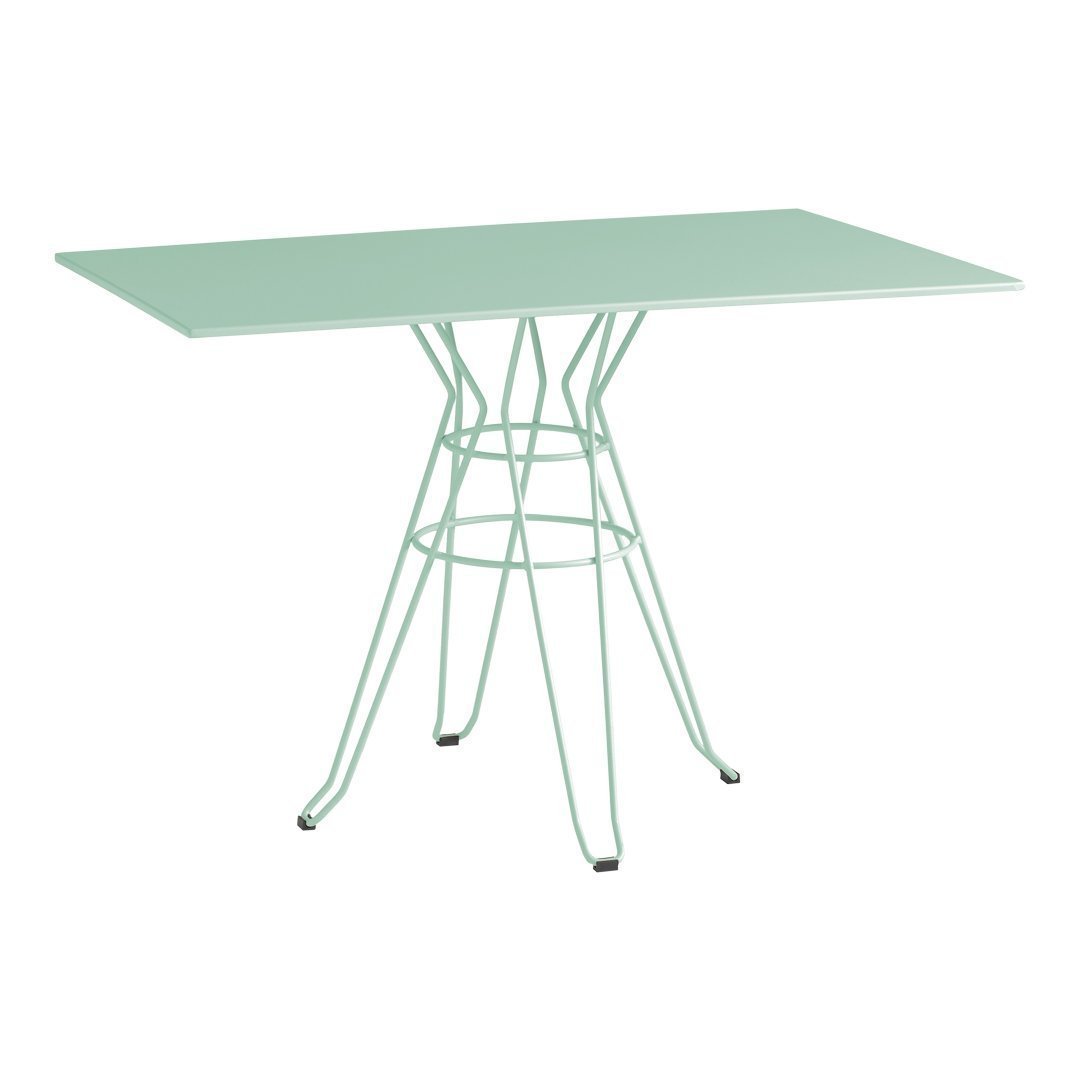 Mint green rectangular tabletop with a wireframe base, perfect for modern decor and outdoor settings.