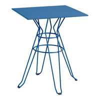 Blue square table with a geometric wireframe base, featuring a vibrant blue finish perfect for modern decor.