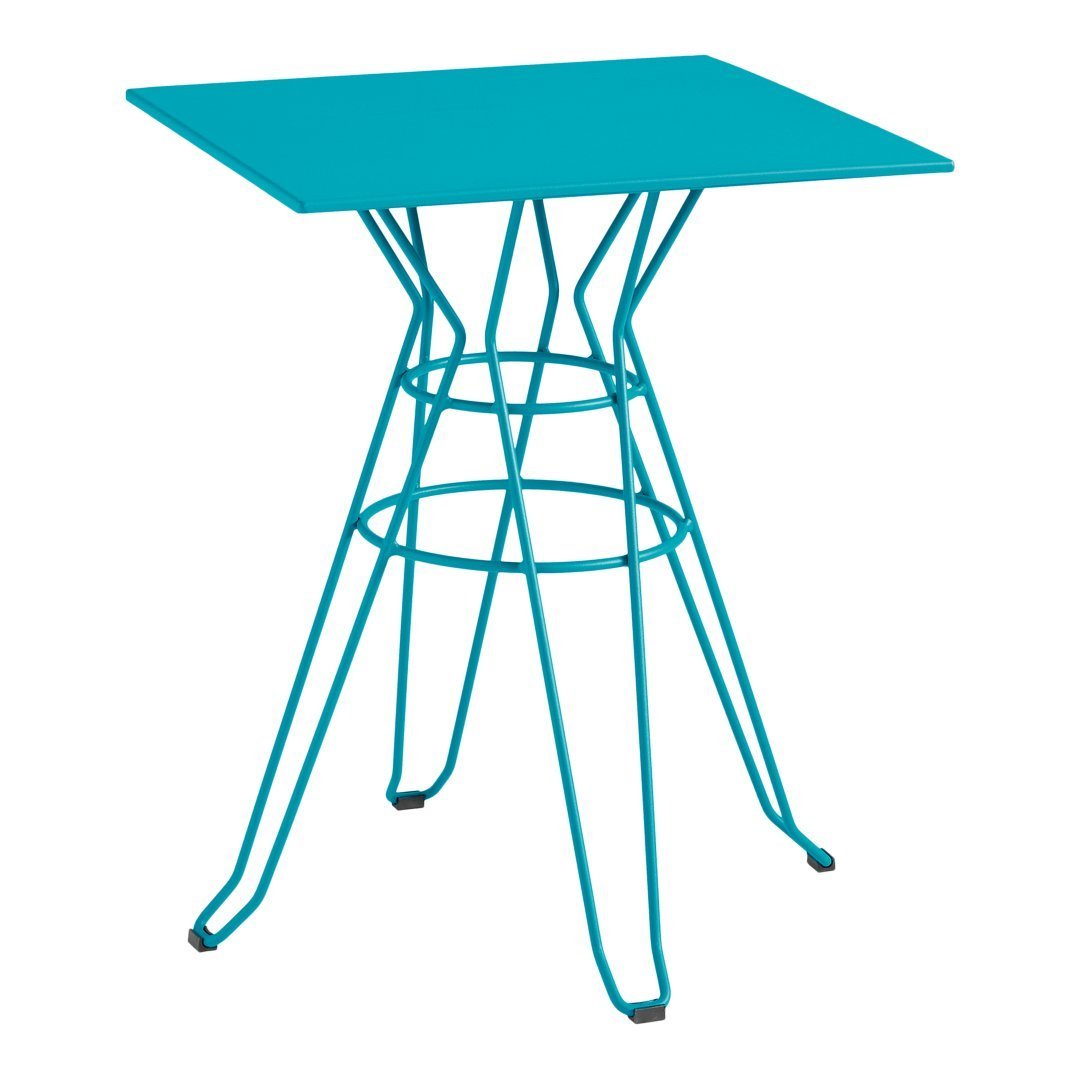 Teal square table with a geometric metal base, perfect for adding a pop of color to any modern decor.