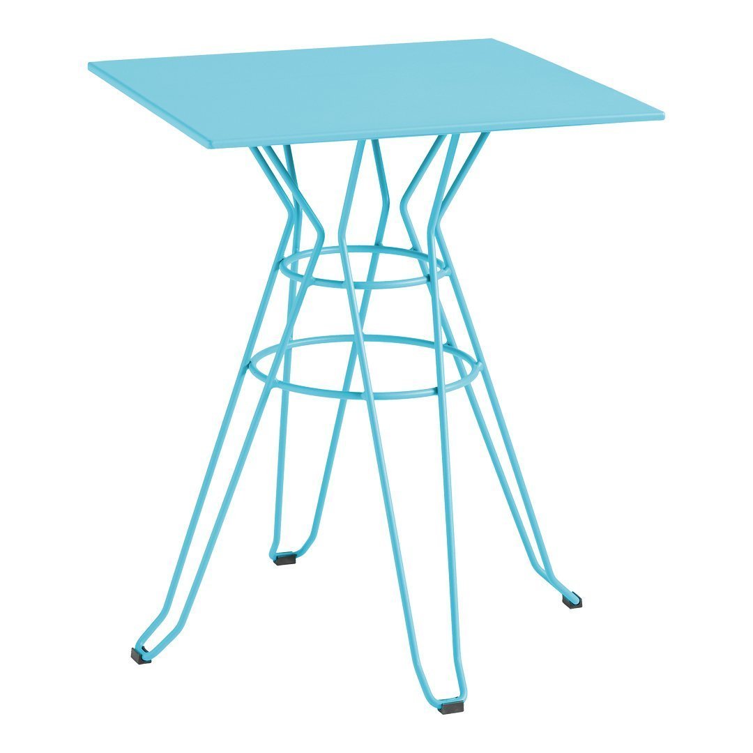 Square table with a vibrant blue top and contrasting white wire frame, perfect for modern decor.