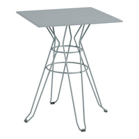 Gray square table with a modern wireframe base, featuring sleek lines and a minimalist design.