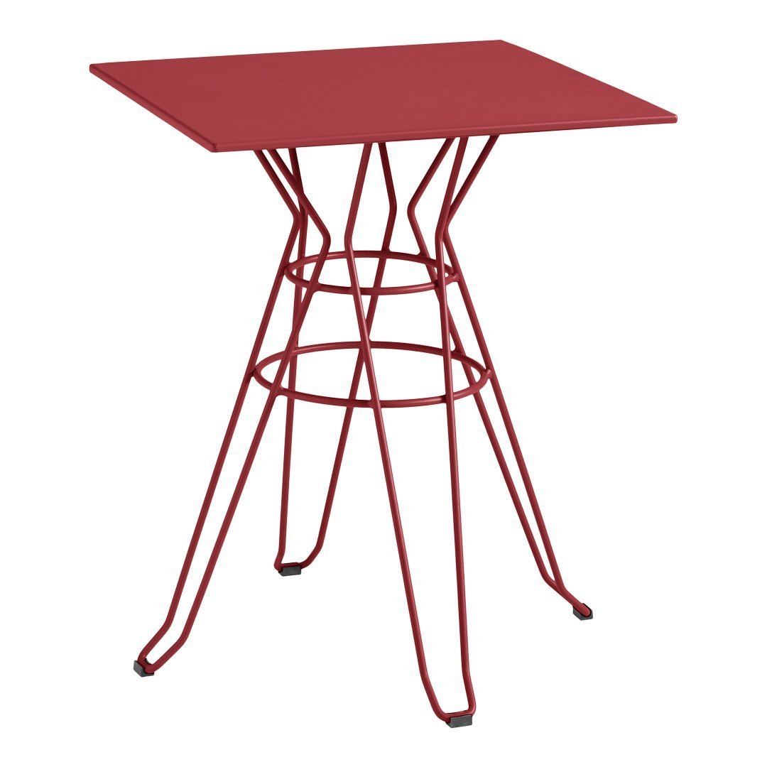 Red square tabletop with a geometric wire base, perfect for modern decor. Ideal for indoor or outdoor use.