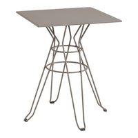 Square stainless steel table with a sleek gray surface and modern geometric wire base.