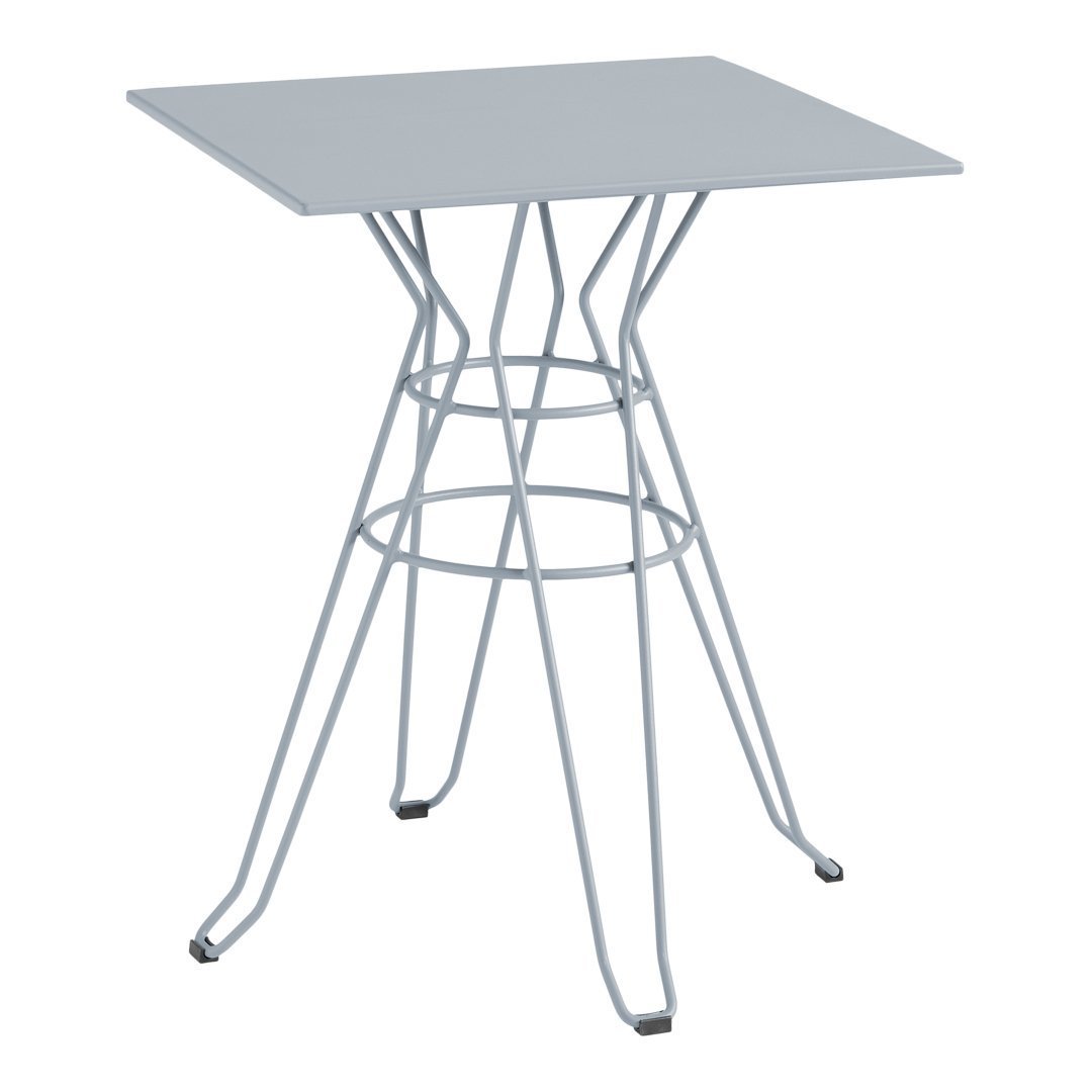 Gray metal table with a minimalist square top and unique wire base design. Perfect for modern decor.