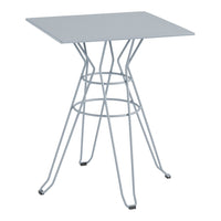 Gray metal table with a minimalist square top and unique wire base design. Perfect for modern decor.