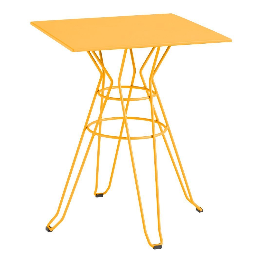 Bright yellow square table with geometric wire base design, perfect for modern decor.