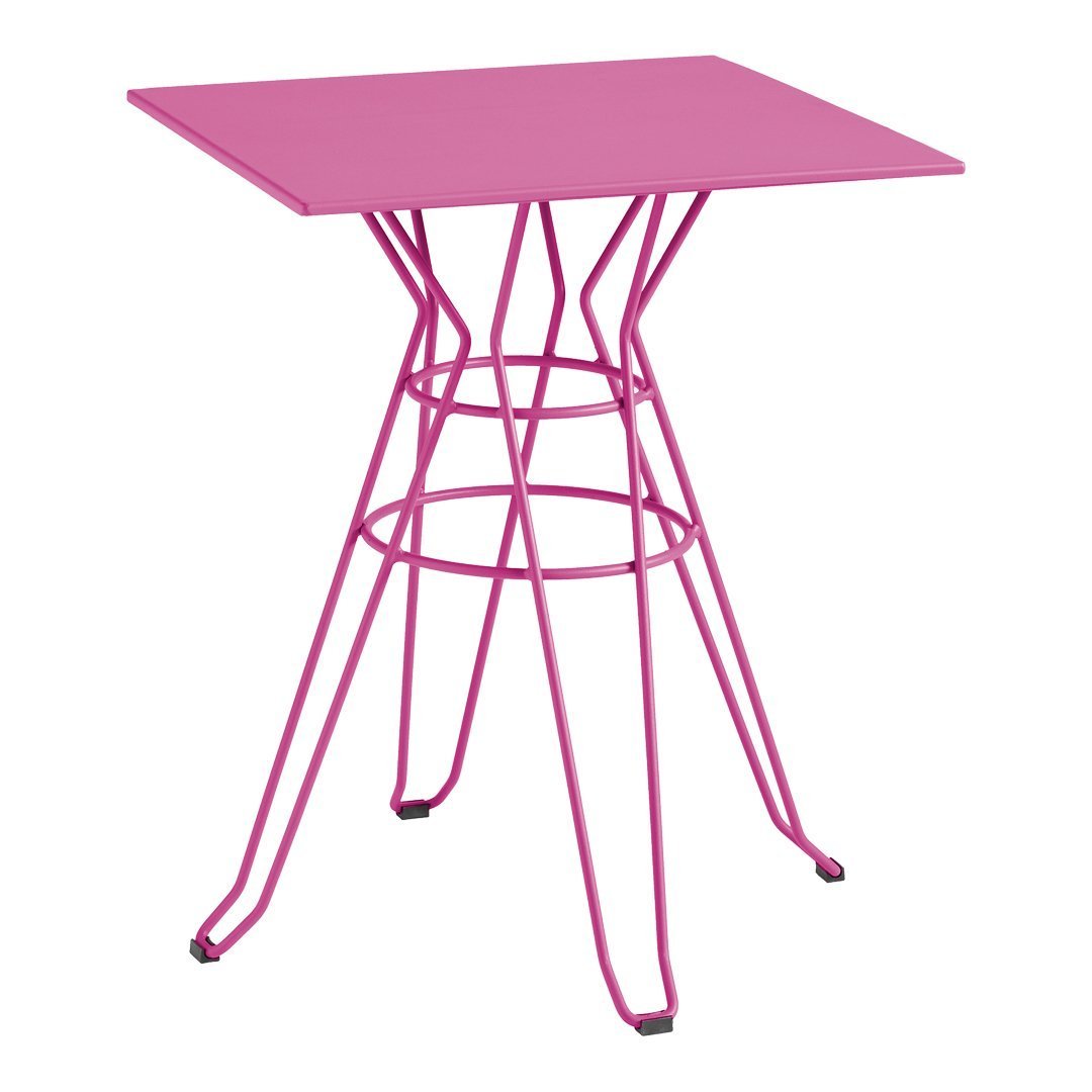Vibrant pink square table with a geometric wire base, ideal for modern decor.