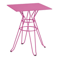 Vibrant pink square table with a geometric wire base, ideal for modern decor.