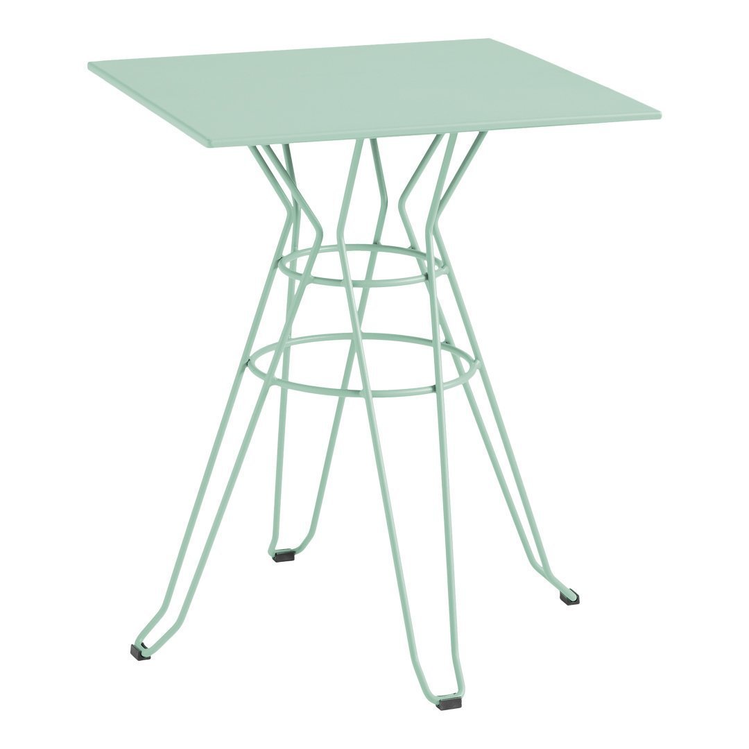 Mint green square tabletop with a geometric wire base, featuring sleek lines for a modern look.