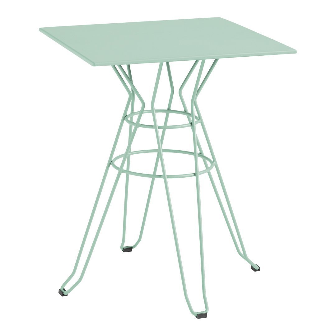 Mint green square table with a geometric wire base, perfect for modern decor.