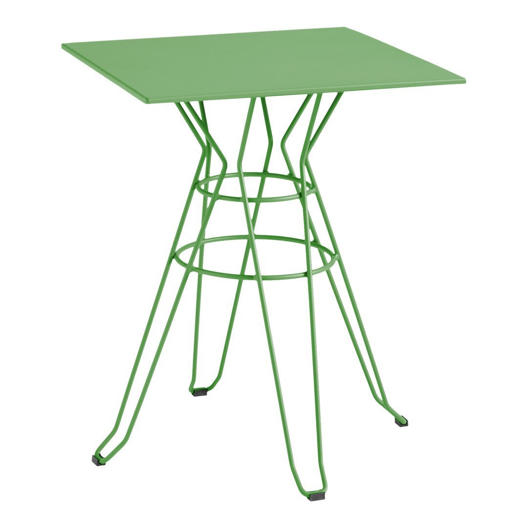 Green metal table with a geometric wire frame and sleek square top, perfect for modern outdoor settings.