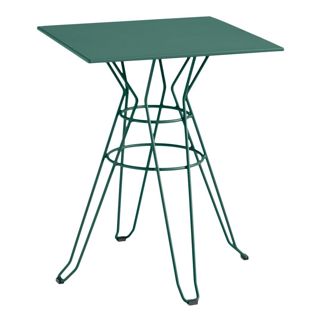 Green metal table with a geometric wire base and square top, perfect for modern outdoor or indoor decor.