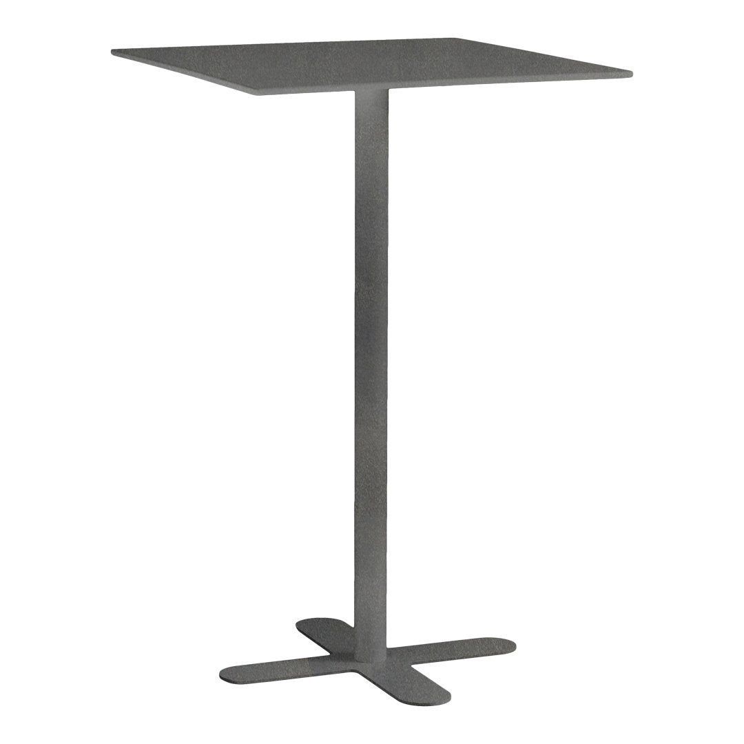 Sleek black square top bar table with a minimalist metal stand, perfect for modern decor.